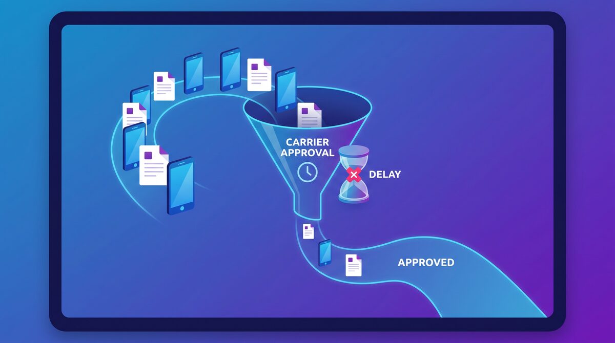 Bottleneck illustration showing carrier approval delays and device fragmentation