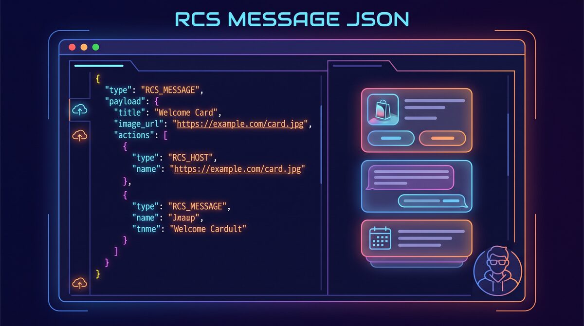 Developer code editor showing RCS API message JSON structures and integration endpoints