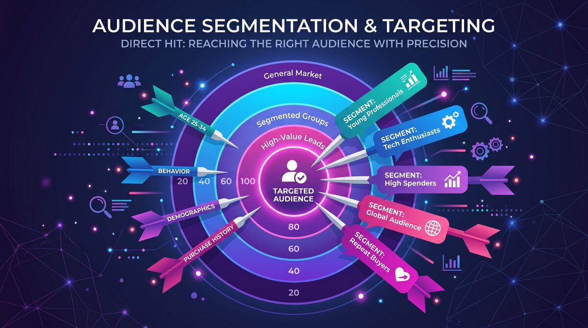 Target graphic with message bubbles showing audience segmentation strategy