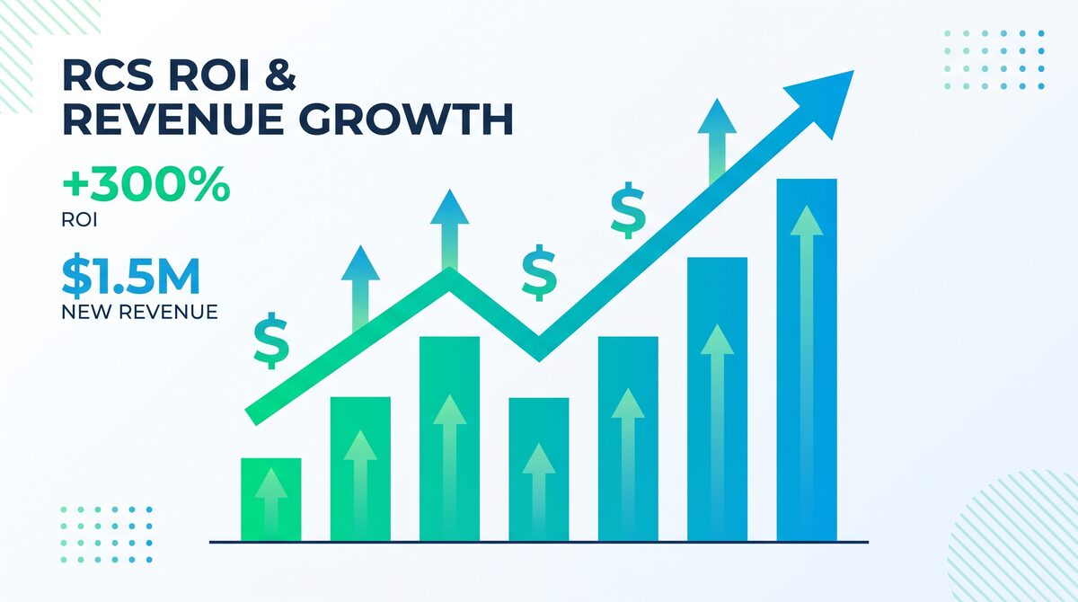 Bar chart with upward growth arrows showing RCS ROI and revenue impact