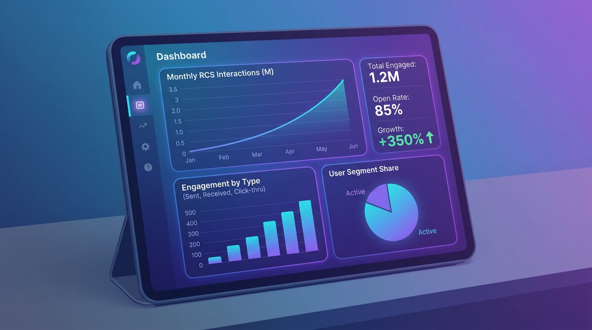 Dashboard mockup with multiple charts showing RCS engagement metrics