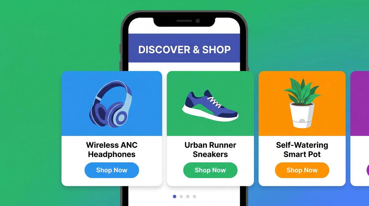 Phone screen showing RCS product carousel for e-commerce