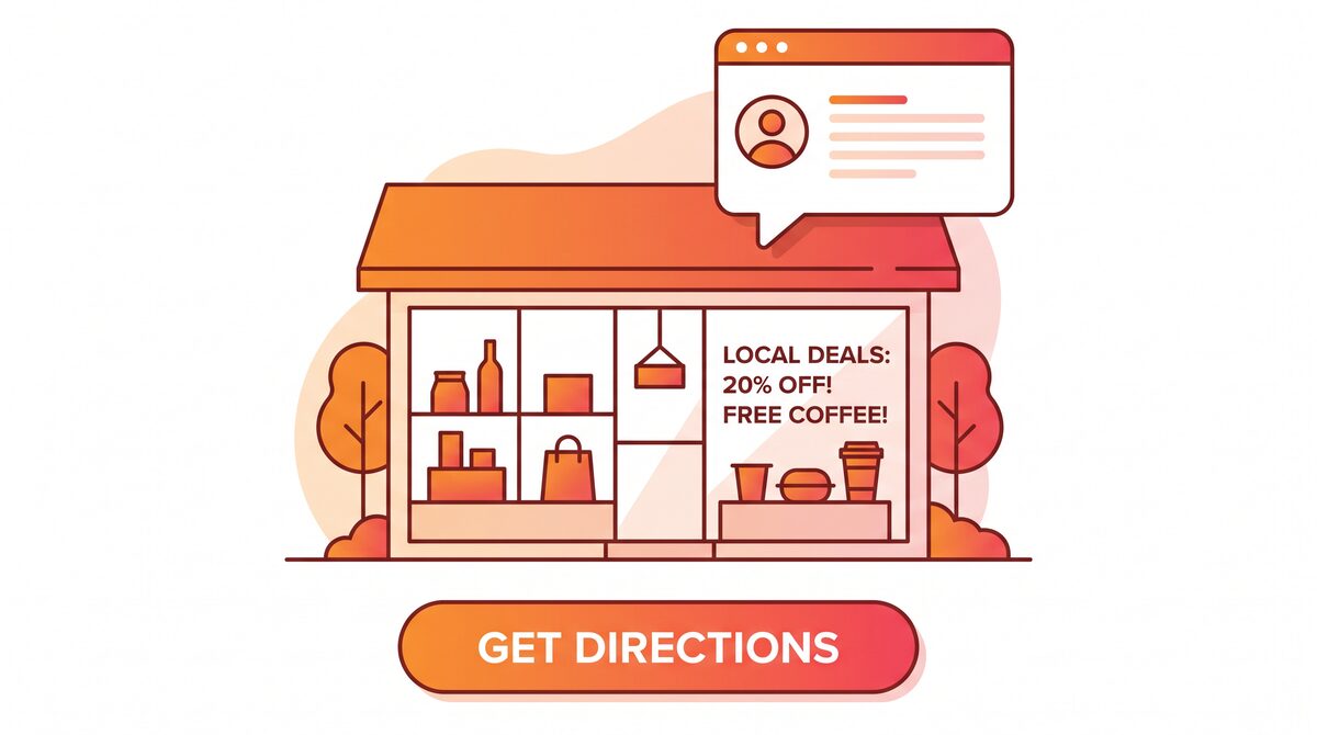 Storefront with chat bubble showing local promotions and store directions
