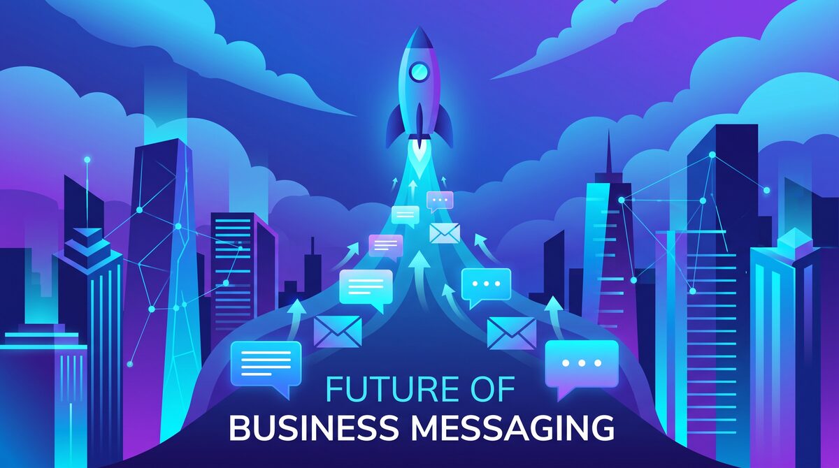 Futuristic cityscape showing the future of business messaging with RCS