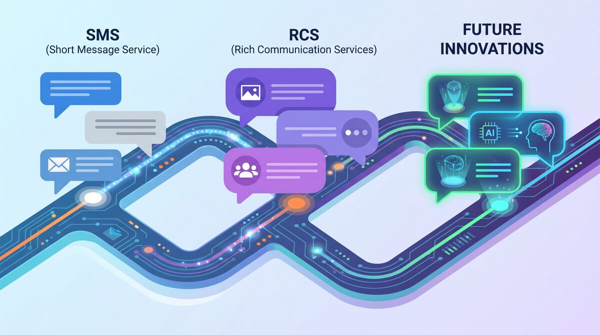 Timeline showing evolution from SMS to RCS to future innovations