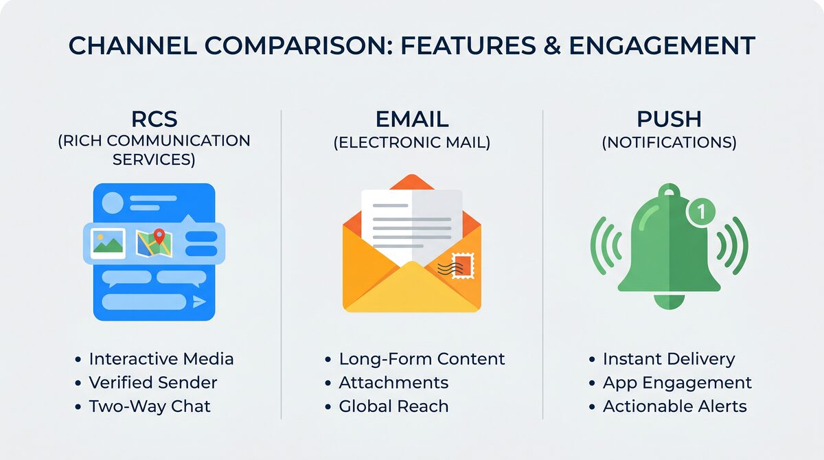 Comparison chart showing RCS, Email, and Push notification channels side by side