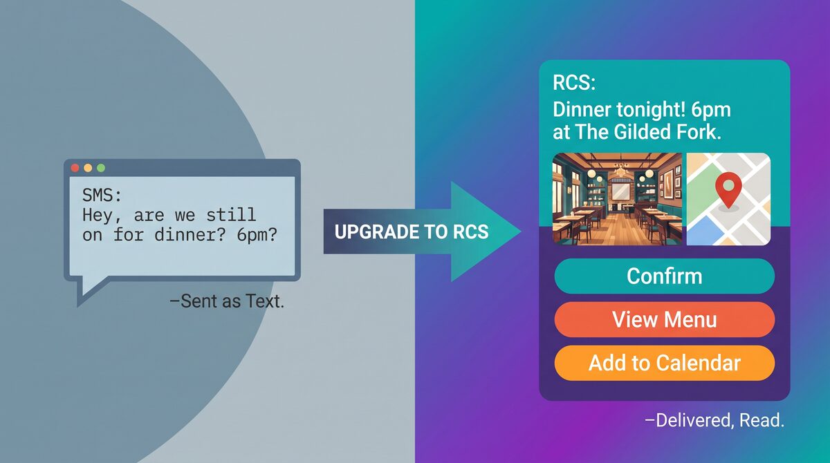 Visual comparison showing SMS plain text versus rich RCS message with interactive buttons