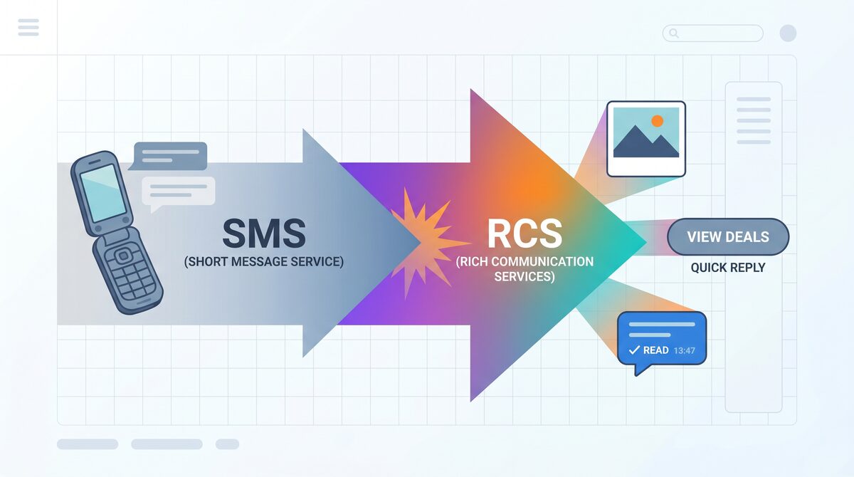 Upgrade transformation graphic showing SMS evolving into RCS with new capabilities